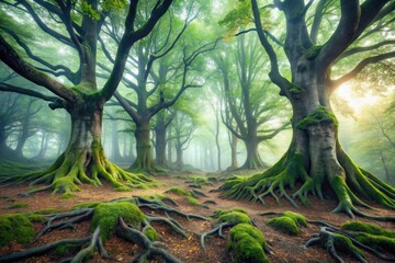 A misty veil shrouds the forest, revealing only glimpses of ancient trees and twisted roots, moss-covered rocks, mystical forest, overgrown underbrush
