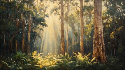 Fototapeta premium Forest Sunlight, Painting, Nature Scene