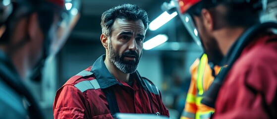 Fototapeta premium A focused discussion among industrial workers in safety gear, highlighting teamwork and commitment to safety protocols.