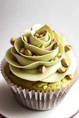 Pistachio rose cupcake with cream frosting.