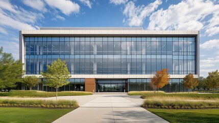 Obraz premium Modern glass and steel office building, symmetrical design, bathed in midday light, showcasing sleek architecture and urban professionalism.