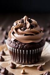 Peanut butter chocolate cupcake with frosting.