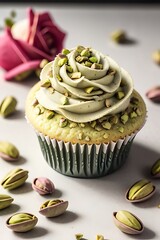 Pistachio rose cupcake with cream frosting.