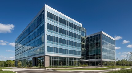 Fototapeta premium Modern glass and steel office building, symmetrical design, bathed in midday light, showcasing sleek architecture and urban professionalism.