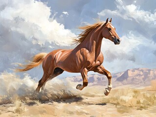 Fototapeta premium A majestic horse gallops swiftly across an open landscape, showcasing its strength and grace under a vibrant sky.