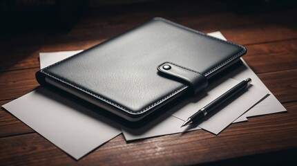 Business portfolio with a pen placed on a wooden desk alongside documents