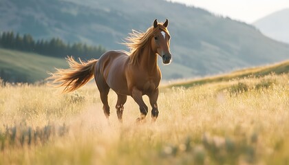Fototapeta premium A majestic horse gallops through a sunlit meadow, showcasing its beauty and power amidst a serene landscape.