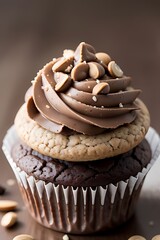 Peanut butter chocolate cupcake with frosting.