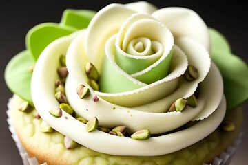 Pistachio rose cupcake with cream frosting.