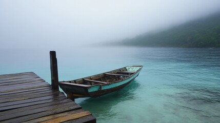 Obraz premium Tranquil scene of an old wooden boat docked at a misty shoreline with calm waters and lush hills