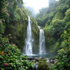 Obraz premium A peaceful waterfall surrounded by lush greenery and vibrant plant life, remote location, thriving ecosystem, flora
