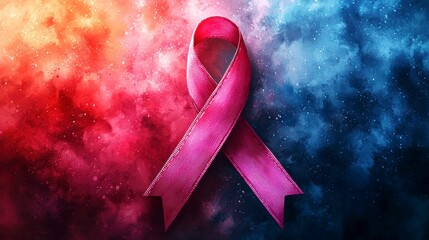 Pink Ribbon Symbol Against Red and Blue Textured Backdrop for Awareness and Support Campaign