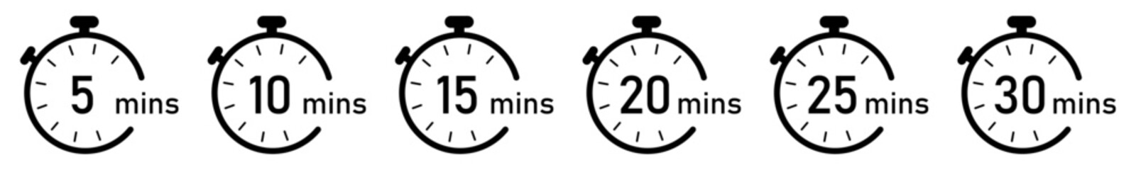 5, 10, 15, 20, 25, 30, min, timer clock isolated vector illustration. Timer, clock, stopwatch vector icon set. Timer from 5 to 30 minutes. Countdown sign. Flat design.