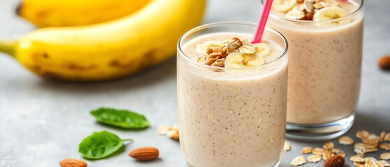 Garnished banana oat smoothie, healthy and wholesome, topped with nuts