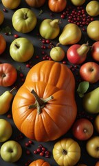 A pumpkin with apples, pears, and cranberries, country landscape, fall decor