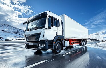 White delivery mini truck on highway over blue sky. , isolated on white background,  , copy space for text,