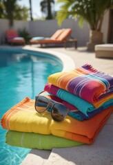 Fototapeta premium A refreshing poolside setup with colorful towels and sunglasses, leisure, water activities, beach life