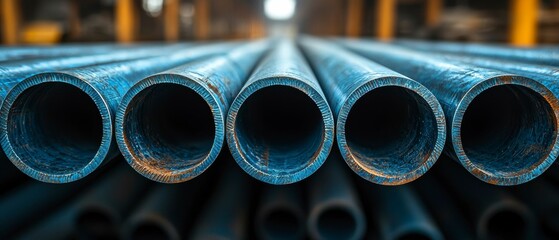 Metal Pipes Precision Stacked Industrial Material Manufacturing Construction Project Blue Toned