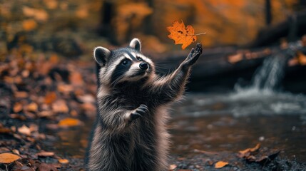 A raccoon reaches for a vibrant autumn leaf. This curious creature explores its natural habitat with joy. Nature captivates with vibrant colors. Generative AI