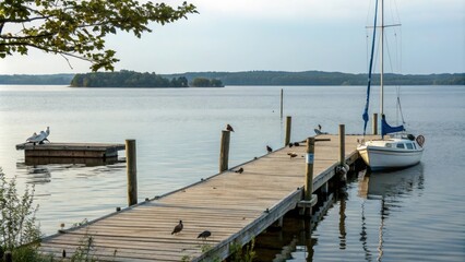 Naklejka premium A small wooden dock extends into the calm waters of a small lake, with a few birds perched on the wooden boards and a sailboat moored to the side, ampollino lake, sailboat, lake, bird