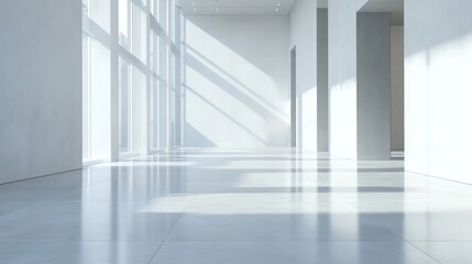 Sunlit modern gallery interior, empty space, floor reflections, architectural design, website background