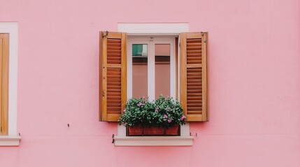 Charming Window with Wooden Shutters and Flower Box on Pink Wall