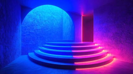 Obraz premium Illuminated Neon Steps Leading to an Archway Radiating Futuristic Hues and Shadow Play Design