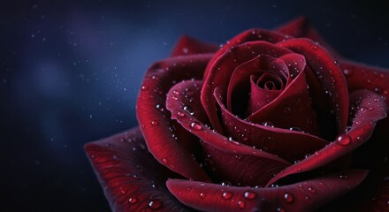 Naklejka premium Close Up of Red Rose with Water Droplets on Petals Detail