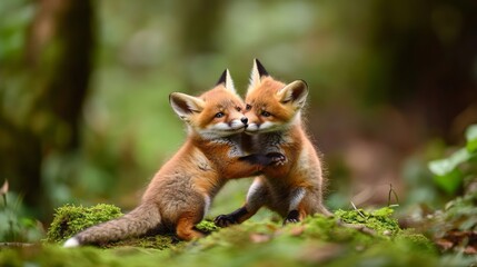 Naklejka premium Two adorable foxes share a moment in nature. Their playful interaction captures joy and innocence. Nature photography highlights wildlife beauty. Generative AI