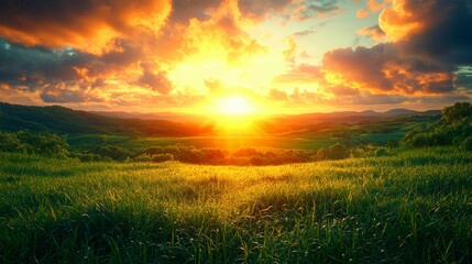 Fototapeta premium Golden Meadow Embraces Serene Sunset Radiance Over Rolling Hills a Picturesque Vista Landscape