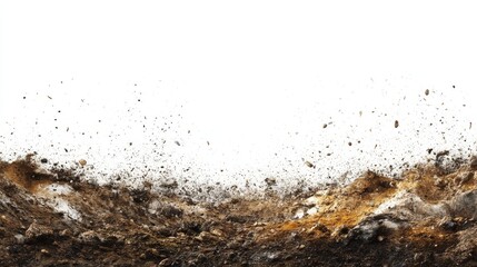 58.A detailed side profile of a dirt pile, featuring a blend of loose earth, gravel, and natural debris, captured with sharp contrast on white.