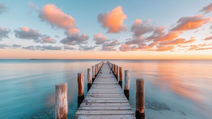 Fototapeta premium Serene Sunset Over Tranquil Wooden Pier Extending into Calm Waters