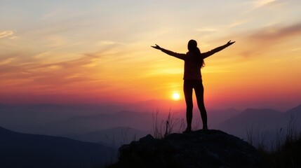 Woman Silhouette Celebrating Sunset Mountain View