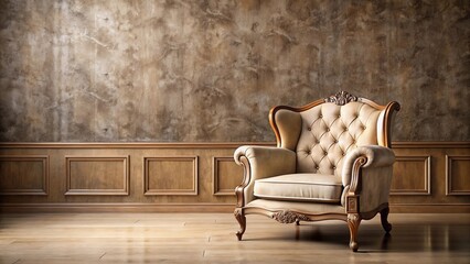Obraz premium Elegant Vintage Armchair in a Classic Interior Setting with Wood Paneling and Textured Wall