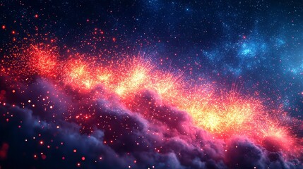Fototapeta premium Ethereal Cosmic Clouds of Nebula with Fiery Explosions and Glowing Particles in Dark Space Depths