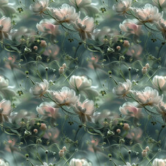 Seamless botanical pattern. Fresh delicate blooming flowers on branches, gentle spring design