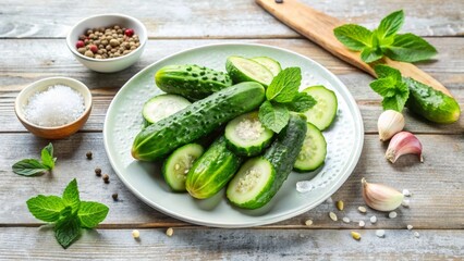 A refreshing plate of sliced cucumbers, garnished with aromatic mint leaves, prepared with sea salt and peppercorns