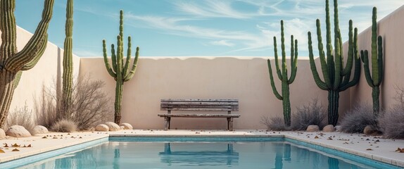 Serene Outdoor Swimming Pool Surrounded by Cacti and Empty Bench Under Clear Blue Sky Ideal for Relaxation and Leisure Moments