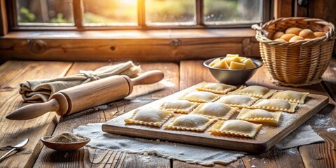 Italian homemade ravioli with flour and rolling pin on a wooden table, with a rustic background and natural light pouring in through the window , rolling pin, kitchen utensils