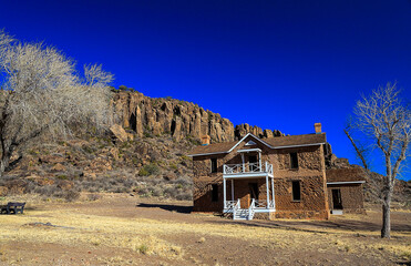 Two story officers' quarters from the 19th century, at the base of the Davis Mountains. Fort Davis, Texas.