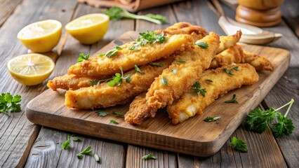Crispy fried organic fish strips coated in a light and airy batter, sizzling on a wooden cutting board
