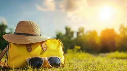 Yellow Travel Bag Sunglasses Hat Summer Vacation