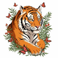 Tiger resting among colorful butterflies and lush greenery  
