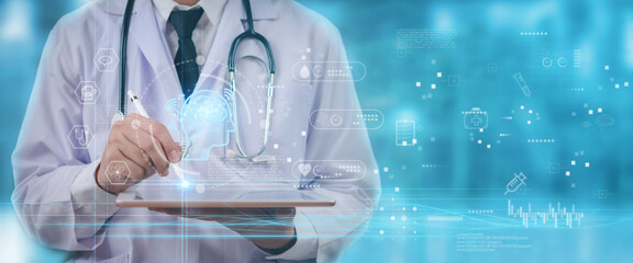 doctor using a digital tablet with AI healthcare Telemedicine technology. Futuristic medical...