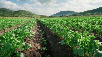 Rows of green leafy crops growing in a rural landscape