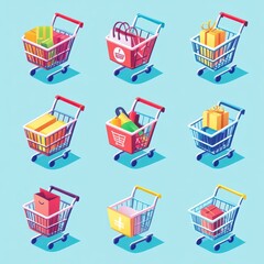 A vibrant collection of shopping carts, each filled with a variety of colorful items such as fresh produce, household goods, and snacks, arranged in a bright supermarket aisle.