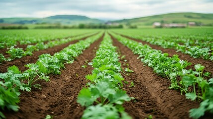 Rows of young parsley plants cultivated on a spacious farm field