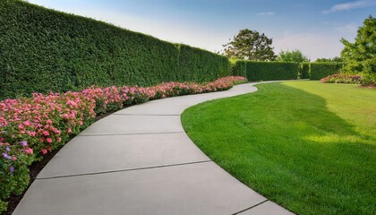 Curved concrete walkway winding through lush green lawn, bordered by manicured hedges and blooming flowers, ideal for landscape design and garden inspiration.

