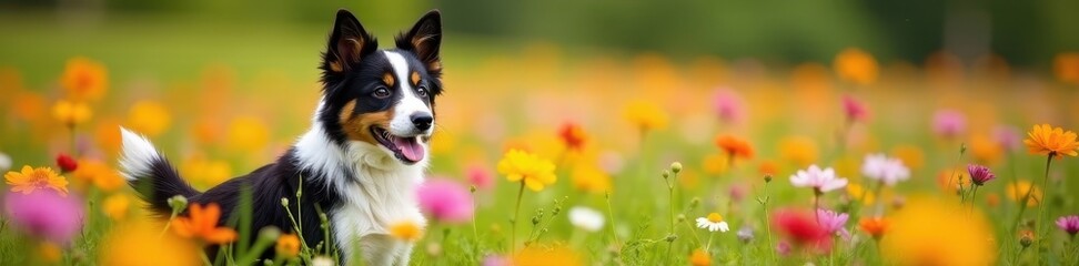 Fototapeta premium Border collie pup in colorful wildflower field, head tilted up , outdoor, canine
