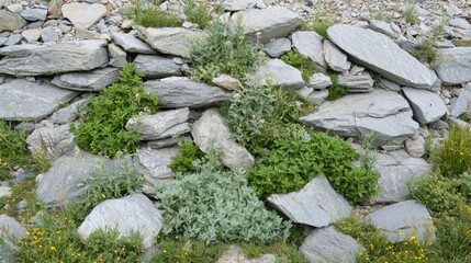 A rocky hillside with a variety of plants growing on it.